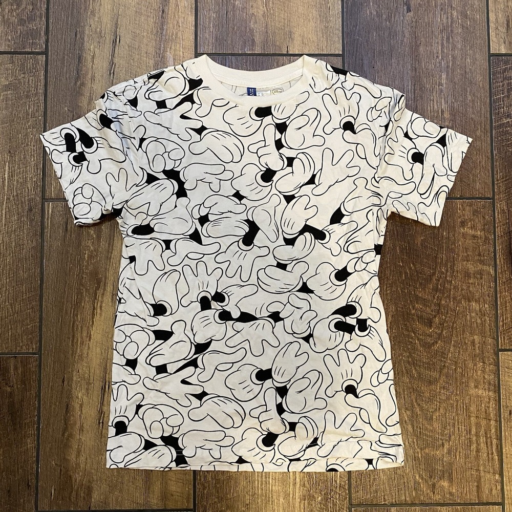 Disney Mickey Mouse Hands T-Shirt Size XS All Over Print Black & White Graphic